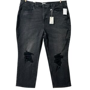 NWT GOOD AMERICAN High Rise Good Legs Straight Jeans Washed Black 20 Distressed